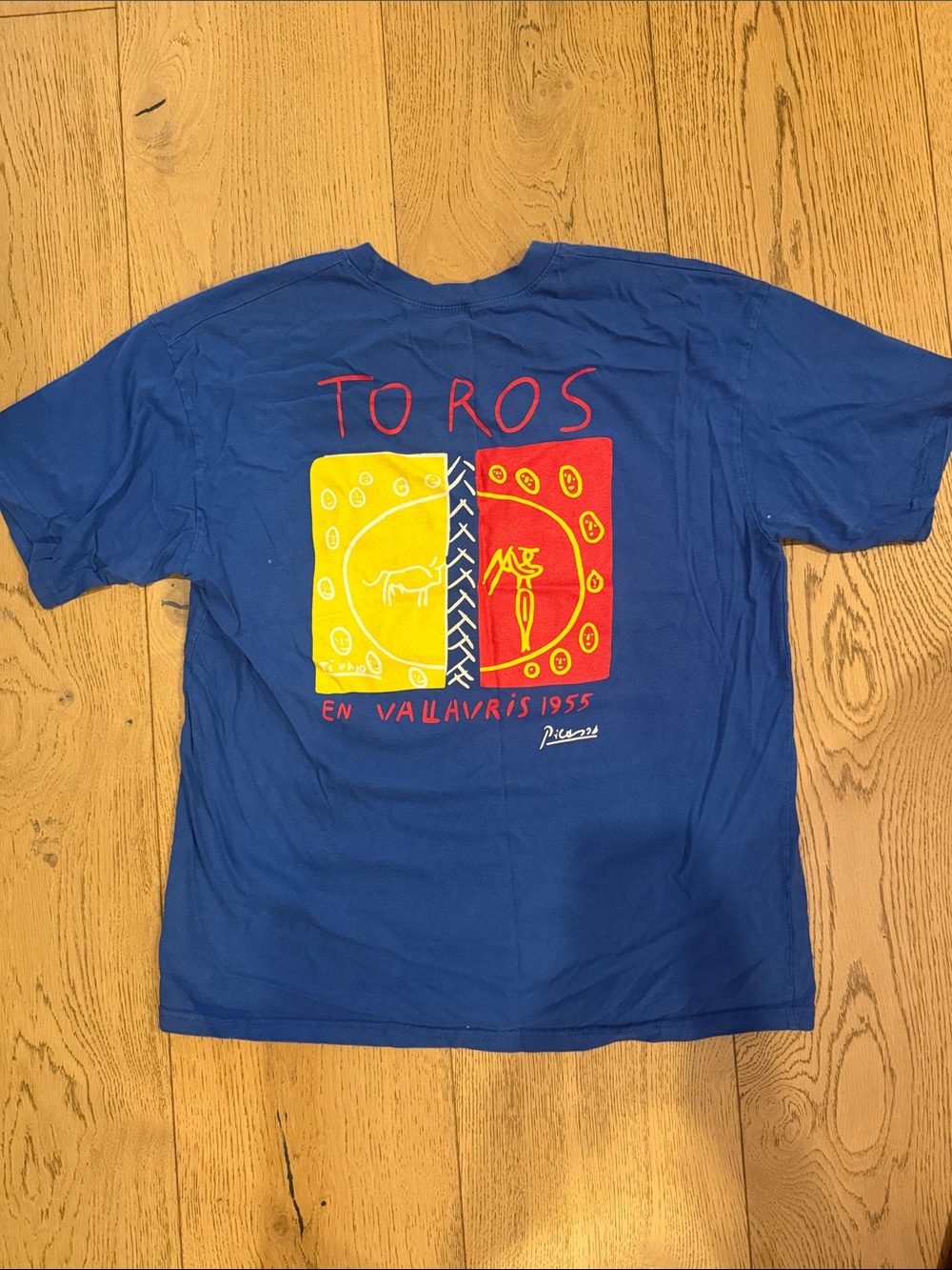 Vintage Picasso Blue Short Sleeve Tee with Yellow & Red Back Graphic